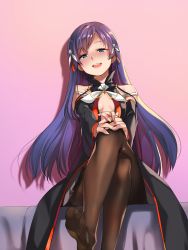 Rule 34 | 1girl, blue eyes, blue hair, blush, counter:side, ddolggol, feet, highres, crossed legs, long hair, looking at viewer, open mouth, pantyhose, rosaria (counter:side), sitting, soles
