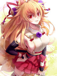 Rule 34 | 1girl, animal ears, areola slip, bare hips, blonde hair, breasts, covered erect nipples, detached sleeves, fox ears, fox tail, gradient background, hakama, hakama short skirt, hakama skirt, hand on own hip, hip vent, izuna (shinrabanshou), japanese clothes, large breasts, long hair, looking at viewer, multiple tails, no bra, red eyes, scroll, shinrabanshou, sideboob, skirt, smile, solo, tail, thighhighs, white thighhighs, yude