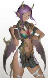Rule 34 | 1girl, arm cuffs, book, bracelet, breasts, character request, cleavage cutout, clothing cutout, copyright request, cropped legs, dark skin, demon wings, dress, ear piercing, glasses, green dress, green eyes, green nails, highres, holding, holding book, holding quill, horns, jewelry, key, looking at viewer, medium breasts, medium hair, navel, navel cutout, piercing, pointy ears, purple hair, quill, sidelocks, soosaresu, striped clothes, striped dress, striped thighhighs, thighhighs, vertical-striped clothes, vertical-striped dress, white background, wings