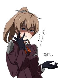 Rule 34 | 1girl, ascot, black gloves, blue eyes, brown hair, dated, doushi tatsu to dekkai no, gloves, hand on own cheek, hand on own face, highres, kantai collection, kumano (kancolle), lips, looking at viewer, parted lips, ponytail, sexually suggestive, shaded face, simple background, smirk, solo, translation request, twitter username, white background