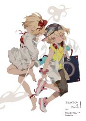 Rule 34 | 2girls, alternate costume, anklet, back-to-back, barefoot, baseball cap, contemporary, dress, dual persona, closed eyes, flandre scarlet, full body, hair ribbon, hat, headphones, jewelry, laevatein, long sleeves, looking at viewer, multiple girls, pants, rei (sanbonzakura), ribbon, shirt, shoes, short hair, short sleeves, side ponytail, simple background, smile, sneakers, standing, standing on one leg, text focus, tiptoes, touhou, vest, white background, wings
