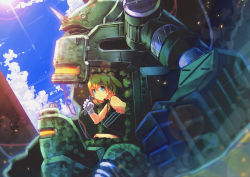 Rule 34 | bad id, bad pixiv id, blonde hair, blue eyes, gloves, is ii, mecha, original, robot, solo, striped, tank top, tools, twintails, wrench