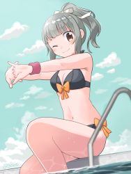 Rule 34 | 1girl, 30re, bikini, black bikini, blue sky, blurry, breasts, brown eyes, cleavage, cloud, commentary request, cowboy shot, day, depth of field, front-tie top, green hair, hair ribbon, kantai collection, long hair, looking at viewer, one eye closed, outdoors, ponytail, pool ladder, ribbon, side-tie bikini bottom, sitting, sky, small breasts, solo, stretching, swimsuit, white ribbon, wristband, yuubari (kancolle), yuubari kai ni (kancolle)