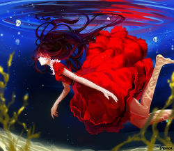 Rule 34 | 1girl, artist name, barefoot, black hair, bubble, dress, floating hair, legs, long hair, looking away, mconch, original, red dress, reflection, ripples, short sleeves, solo, swimming, underwater, water