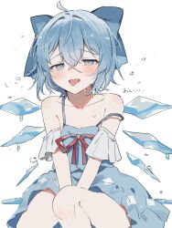 Rule 34 | 1girl, adapted costume, ahoge, blue bow, blue dress, blue eyes, blue hair, bow, cirno, collarbone, crossed bangs, dress, flying sweatdrops, hair between eyes, hair bow, highres, hot, ice, ice wings, red ribbon, ribbon, short hair, simple background, sitting, solo, sorani (kaeru0768), strap slip, sweat, tongue, tongue out, touhou, white background, wings