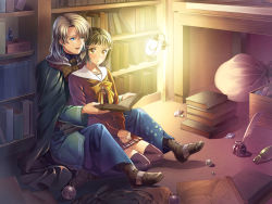 Rule 34 | 1boy, 1girl, bad id, bad pixiv id, blue eyes, blush, book, brown eyes, brown hair, cape, earrings, hands on lap, highres, jewelry, library, open book, open mouth, original, quill, reading, school uniform, short hair, silver hair, sitting, sitting on lap, sitting on person, skirt, thighhighs, yuzuki kaoru