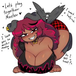 Rule 34 | 1girl, all fours, animal ears, black eyes, black shirt, blush, bone necklace, breasts, cleavage, collar, collarbone, curvy, dark-skinned female, dark skin, dog ears, dog girl, dog tail, earrings, english text, eyelashes, full body, grin, half-closed eyes, happy, heart, heart-shaped pupils, highres, huge breasts, jewelry, looking at viewer, no nose, original, plump, purple hair, sharp teeth, shiny skin, shirt, short shorts, shorts, smile, solo, spiked collar, spikes, sugarkitty19, symbol-shaped pupils, tail, tail wagging, teeth, thick thighs, thighs, white background, wide hips