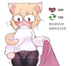 Rule 34 | 1girl, :3, animal ear fluff, animal ears, black pantyhose, blush, breasts, cat ears, cat girl, cat tail, english text, flying sweatdrops, hair between eyes, holding, holding clothes, holding skirt, lefantis1, like and retweet, looking down, medium breasts, melty blood, meme, neco-arc, pantyhose, pink skirt, red eyes, shirt, simple background, skirt, solo, tail, thick thighs, thighs, tsukihime, twitter strip game (meme), white background, white shirt