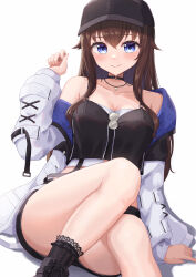 Rule 34 | 1girl, absurdres, baseball cap, black choker, black hat, black shorts, black socks, blue eyes, blush, breasts, brown hair, choker, cleavage, closed mouth, clothes down, coat, collarbone, hair between eyes, hat, highres, hololive, long hair, long sleeves, looking at viewer, medium breasts, micro shorts, open clothes, open coat, shorts, simple background, sitting, smile, socks, solo, straight hair, tokino sora, tokino sora (streetwear), typho, very long hair, virtual youtuber, white background, white coat