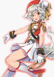 Rule 34 | 1girl, :d, aiguillette, alternate costume, animal ears, band uniform, contemporary, cowboy shot, cutlass, epaulettes, gloves, hat, holding, holding sword, holding weapon, inubashiri momiji, looking at viewer, matsuda (matsukichi), miniskirt, open mouth, pom pom (clothes), red eyes, red hat, ribbon, short hair, simple background, skirt, sleeveless, smile, solo, sword, tail, touhou, weapon, white background, white gloves, white hair, white legwear, white skirt, wolf ears, wolf tail, yellow ribbon