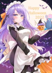 Rule 34 | 1girl, apron, apron hold, black choker, black dress, blonde hair, blush, candy, choker, closed mouth, cup, dress, earrings, food, frilled dress, frills, gradient hair, happy halloween, highres, holding, holding tray, hololive, hololive indonesia, hoop earrings, jewelry, lollipop, long hair, long sleeves, looking at viewer, maid, maid apron, maid headdress, moona hoshinova, multicolored hair, null maru, purple hair, solo, starry hair, swirl lollipop, tray, two-tone hair, virtual youtuber