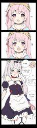 Rule 34 | 2girls, 3koma, :&lt;, :t, animal ear fluff, animal ears, apron, azur lane, black bow, black dress, black sleeves, blue shirt, blunt bangs, blush, bow, bowtie, cat ears, chinese text, closed mouth, comic, commentary, detached sleeves, dress, ears through headwear, frilled apron, frills, grey hair, hair between eyes, hair bow, hair ribbon, hammann (azur lane), hat, highres, kisaragi (azur lane), long hair, mi guo, multiple girls, nose blush, one side up, open mouth, parted lips, pink eyes, pink hair, pout, puffy short sleeves, puffy sleeves, red ribbon, remodel (azur lane), ribbon, sailor collar, school hat, shirt, short sleeves, strapless, strapless dress, symbol-only commentary, tears, translation request, triangle mouth, v-shaped eyebrows, very long hair, waist apron, wavy mouth, white apron, white sailor collar, yellow headwear, yellow neckwear