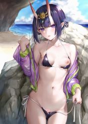Rule 34 | 1girl, against rock, bare shoulders, beach, bikini, bikini pull, blue sky, bob cut, breasts, clothes pull, cloud, cowboy shot, day, eyeliner, fate/grand order, fate (series), gluteal fold, groin, hair ornament, halterneck, hand up, highres, holding, horns, jacket, kaguyuzu, leaning back, lips, looking at viewer, maebari, makeup, micro bikini, multicolored clothes, multicolored jacket, navel, nipples, ocean, off shoulder, one breast out, open clothes, open jacket, outdoors, purple bikini, purple eyes, purple hair, purple jacket, red eyeliner, rock, sand, short hair, shuten douji (fate), side-tie bikini bottom, skin-covered horns, sky, small breasts, solo, standing, stomach, string bikini, swimsuit, thick eyebrows, thighs, two-tone jacket, untied bikini, unzipped