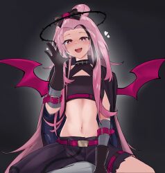 Rule 34 | absurdres, black gloves, black jacket, bow, breasts, commentary, demon wings, english commentary, fang, flower, gloves, hair bow, hair bun, hair flower, hair ornament, halo, hand up, heart, heavy breathing, highres, jacket, linea alba, long hair, looking at viewer, midriff, multicolored hair, navel, nijisanji, nijisanji en, open clothes, open jacket, open mouth, p protocoll, pants, pink hair, pov, red eyes, red flower, red rose, rose, rosemi lovelock, rosemi lovelock (4th costume), small breasts, straddling, streaked hair, thorns, torn clothes, torn pants, very long hair, wings