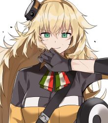 Rule 34 | 1girl, aogisa, bad id, bad pixiv id, black gloves, blonde hair, blush, breasts, closed mouth, girls&#039; frontline, gloves, green eyes, hair ornament, hand in mouth, highres, italian flag neckwear, jacket, long hair, looking at viewer, multicolored clothes, multicolored jacket, neck ribbon, ribbon, s.a.t.8 (girls&#039; frontline), shield module, smile, solo, white background