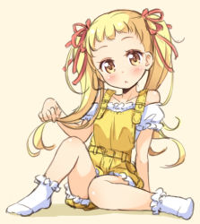 Rule 34 | 00s, 1girl, blonde hair, blush, full body, hair ribbon, kasugano urara (yes! precure 5), looking at viewer, overalls, precure, ribbon, socks, solo, tokunou shoutarou, twintails, yellow background, yellow eyes, yes! precure 5