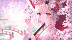 Rule 34 | 1girl, bow, branch, bridge, building, closed mouth, commentary request, crown, floral print, flower, hair flower, hair ornament, halo, hands up, highres, holding, holding umbrella, indie virtual youtuber, japanese clothes, kimono, light brown hair, long sleeves, looking at viewer, masaki (msk064), mini crown, oil-paper umbrella, pink bow, pink flower, print kimono, railing, red eyes, red flower, red umbrella, smile, solo, tokusari kukuri, umbrella, upper body, virtual youtuber, water, white flower, white kimono, wide sleeves