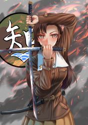 Rule 34 | 1girl, asymmetrical bangs, belt, blood, bloody weapon, brown belt, brown eyes, brown hair, brown jacket, chi-hatan (emblem), chi-hatan military uniform, closed mouth, commentary request, crossed swords, dual wielding, embers, emblem, girls und panzer, highres, holding, holding sword, holding weapon, jacket, katana, long hair, long sleeves, looking at viewer, military, military uniform, nishi kinuyo, partial commentary, pleated skirt, skirt, smile, solo, standing, star (symbol), straight hair, sword, tigern (tigern28502735), uniform, unsheathed, weapon, yellow skirt