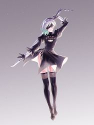 1boy absurdres blindfold blue_hair boots dress facing_viewer full_body gloves grey_background highres male_focus multicolored_background multicolored_hair nier:automata nier_(series) nyamnyam0502 open_mouth paradox_live purple_hair solo sword thigh_boots thighhighs weapon white_background yatonokami_kanata