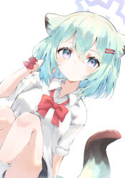 Rule 34 | 1girl, animal ears, black socks, blue archive, blush, bow, bowtie, breasts, closed mouth, collared shirt, feet out of frame, green hair, hair between eyes, hair ornament, hairclip, highres, looking at viewer, medium breasts, noko (nco029685627), pink eyes, red bow, red bowtie, shigure (blue archive), shirt, short hair, short sleeves, simple background, smile, socks, solo, tail, weasel ears, weasel tail, white background, white shirt, white socks