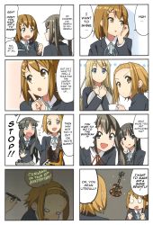 Rule 34 | 4koma, 5girls, absurdres, akiyama mio, anniversary, back, bass guitar, black eyes, black hair, blazer, blonde hair, blue eyes, blue jacket, blue neckwear, blunt bangs, body writing, bored, brown eyes, brown hair, chibi, clenched hands, closed mouth, collared shirt, comic, congratulations, crossed arms, cup, dark background, dot mouth, dot nose, dotted line, dress shirt, ears visible through hair, electric guitar, embarrassed, english text, everyone, fender jazz bass, finger to own chin, forehead, gibson les paul, grey eyes, guitar, hair between eyes, hair ornament, hairband, hairclip, hard-translated, head bump, highres, hime cut, hirasawa yui, holding, holding cup, holding pen, holding tray, huge filesize, instrument, jacket, jitome, k-on!, kakifly, kotobuki tsumugi, long hair, long sleeves, looking at another, looking away, medium hair, multiple girls, nakano azusa, neck ribbon, non-web source, o o, official art, open mouth, pen, pleated skirt, raised eyebrows, red neckwear, ribbon, sakuragaoka high school uniform, school uniform, shirt, sidelocks, skirt, sparkle, surprised, tainaka ritsu, tareme, teasing, thick eyebrows, third-party edit, translated, tray, trembling, tsurime, twintails, uniform, wavy mouth, white background, wing collar, yellow hairband