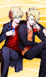 Rule 34 | 2boys, arthur pendragon (fate), blonde hair, can, casual, fate/prototype, fate (series), gentleman in progress, gilgamesh (fate/prototype), gradient background, green eyes, male focus, multiple boys, red eyes