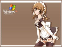 Rule 34 | 1girl, alternate costume, apron, bare shoulders, braid, breasts, brown eyes, brown hair, detached collar, frills, gloves, headband, maid, maid apron, microsoft windows, smile, solo, thighhighs, twin braids, wallpaper