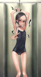 Rule 34 | 1girl, 1other, armpits, arms up, bdsm, belt collar, black-framed eyewear, black collar, black hair, black one-piece swimsuit, blush, bondage, bondage cuffs, bound, breasts, cameltoe, closed mouth, collar, collarbone, commentary request, competition school swimsuit, covered erect nipples, covered navel, cuffs, disembodied limb, feet out of frame, forehead, glasses, hair ornament, hairclip, handcuffs, highres, medium hair, murakami suigun, nipple rub, nipple stimulation, one-piece swimsuit, original, paid reward available, restrained, school swimsuit, slave, small breasts, solo focus, swimsuit, twintails, wet