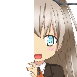 Rule 34 | 10s, 1girl, :d, ascot, blue eyes, brown hair, hair ornament, kantai collection, kumano (kancolle), long hair, looking at viewer, nagineko, open mouth, peeking out, school uniform, smile, solo, transparent background