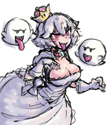 Rule 34 | 1girl, boo (mario), breasts, cleavage, collarbone, dress, elbow gloves, genkillua, gloves, highres, large breasts, mario (series), new super mario bros. u deluxe, nintendo, open mouth, princess king boo, red eyes, short hair, silver hair, simple background, smile, super crown, tongue, tongue out, white background, white dress, white gloves