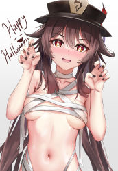 Rule 34 | 1girl, absurdres, bandages, bare shoulders, black hat, black nails, blush, breasts, brown hair, claw pose, collarbone, english text, fang, female focus, flower, genshin impact, grey background, hair between eyes, happy halloween, hat, highres, hu tao (genshin impact), jewelry, long hair, looking at viewer, medium breasts, nail polish, naked bandage, navel, open mouth, red eyes, ring, sidelocks, simple background, skai kun, smile, solo, stomach, symbol-shaped pupils, twintails, underboob, upper body