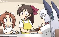 Rule 34 | 3girls, ahoge, alternate costume, apron, brown hair, commentary request, cup, dated, drink, drinking, drinking straw, food, hair ornament, hair ribbon, hairclip, half updo, hamu koutarou, headgear, highres, kagerou (kancolle), kantai collection, long hair, mamiya (kancolle), multiple girls, murakumo (kancolle), one-hour drawing challenge, orange eyes, purple eyes, red eyes, ribbon, shirt, short eyebrows, sidelocks, silver hair, t-shirt, table, tress ribbon, twintails, upper body, white ribbon, white shirt, yellow apron