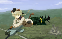 Rule 34 | 1girl, animal ears, bad id, bad pixiv id, belt, black ribbon, blonde hair, brown gloves, cloud, day, explosion, flying, garrison cap, gloves, green eyes, hair ribbon, hanna rudel, hat, hill, holding, jacket, long hair, long sleeves, military, military uniform, neuroi, ponytail, ribbon, river, scar, scar on face, scar on nose, shiratama (hockey), sky, solo, strike witches, strike witches: suomus misfits squadron, striker unit, tail, uniform, wolf ears, wolf tail, world witches series