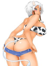 Rule 34 | 1girl, animal ears, animal print, arched back, ass, back, bandeau, bell, black eyes, blush, breasts, clothes pull, collar, covered erect nipples, cow ears, cow girl, cow horns, cow print, cow tail, cowbell, dark skin, dark-skinned female, denim, denim shorts, highres, horns, huge breasts, leaning forward, neck bell, open mouth, original, panties, short shorts, shorts, shorts pull, sideboob, sidelocks, silver hair, simple background, solo, strapless, tail, todoshiroh, tube top, underboob, underwear, white background
