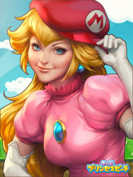 Rule 34 | 1girl, adjusting clothes, adjusting headwear, alternate headwear, blonde hair, blue eyes, brooch, copyright name, dress, earrings, elbow gloves, female focus, gloves, hat, highres, jewelry, long hair, looking at viewer, making-of available, mario (series), nintendo, pink dress, princess peach, puffy short sleeves, puffy sleeves, short sleeves, signature, smile, solo, stanley lau, super princess peach, translated, upper body, white gloves