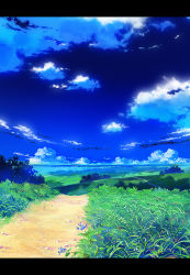 Rule 34 | air724, bad id, bad pixiv id, bush, cloud, day, flower, grass, horizon, landscape, letterboxed, no humans, original, path, road, scenery, shade, sky, sunlight