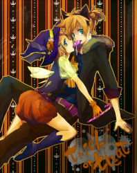 Rule 34 | 1boy, 1girl, animal ears, blonde hair, boots, brother and sister, candy, food-themed hair ornament, gloves, green eyes, hair ornament, halloween, hat, hood, hooded jacket, jacket, kagamine len, kagamine rin, koromo, koromo (pixiv798502), lollipop, pumpkin hair ornament, short hair, siblings, trick or treat, twins, vocaloid, wings, witch hat, wolf ears
