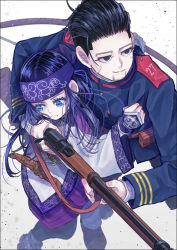 Rule 34 | 1boy, 1girl, 1nwe9, ainu, ainu clothes, arisaka, asirpa, bandana, belt, black eyes, black hair, black pants, blue bandana, blue eyes, blue hair, blue jacket, bolt action, boots, bow (weapon), brown belt, buttons, closed mouth, collared jacket, commentary request, dark blue hair, ear piercing, earrings, facial hair, facial scar, golden kamuy, gun, hair slicked back, hair strand, holding, holding bow (weapon), holding clothes, holding gun, holding jacket, holding weapon, hoop earrings, imperial japanese army, jacket, jewelry, long hair, long sleeves, looking away, looking down, military, military uniform, ogata hyakunosuke, pants, parted lips, partial commentary, piercing, pouch, rifle, scar, scar on cheek, scar on face, short hair, simple background, smile, stubble, undercut, uniform, upper body, weapon, white background, wide sleeves