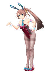 Rule 34 | 1girl, alternate costume, animal ears, blue eyes, bow, bowtie, breasts, brown hair, detached collar, fake animal ears, fake tail, fishnet pantyhose, fishnets, full body, grey pantyhose, high heels, highleg, highleg leotard, highres, kantai collection, kazagumo (kancolle), kazagumo kai ni (kancolle), leotard, long hair, looking at viewer, moke ro, pantyhose, pink leotard, playboy bunny, rabbit ears, rabbit tail, simple background, small breasts, smile, solo, strapless, strapless leotard, tail, traditional bowtie, very long hair, white background, wrist cuffs