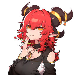 Rule 34 | 1girl, alexstrasza, black dress, breasts, closed mouth, clothing cutout, commentary, dragon horns, dress, fingernails, flower, hand up, highres, holding, holding flower, horn ornament, horn ring, horns, large breasts, long eyebrows, long hair, looking at viewer, nail polish, orange eyes, pink nails, pointy ears, red flower, red hair, red rose, rose, shoulder cutout, simple background, smile, solo, ssambatea, upper body, warcraft, white background, world of warcraft, yellow eyes