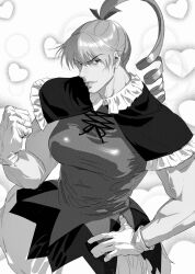 Rule 34 | 1girl, alternate form, biscuit krueger, breasts, capelet, clenched hand, closed mouth, cowboy shot, cross-laced clothes, dress, drill hair, frilled capelet, frills, gloves, greyscale, hand on own hip, hand up, heart, heart background, highres, hunter x hunter, killua0u0, large breasts, long hair, looking at viewer, monochrome, muscular, muscular female, short sleeves, smile, solo, spoilers, tight clothes, tight dress, undersized clothes