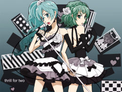 Rule 34 | 2girls, alternate hairstyle, aqua eyes, aqua hair, back-to-back, dress, elbow gloves, flower, gloves, green eyes, green hair, gumi, hatsune miku, long hair, meka00, microphone, microphone stand, multiple girls, ponytail, rose, short dress, thrill for two (vocaloid), vocaloid