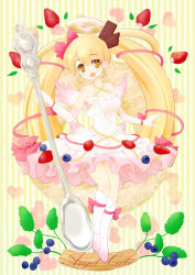 Rule 34 | 1girl, :d, awayuki tobari, blonde hair, blueberry, boots, bow, cake, candy, chocolate, chocolate bar, elbow gloves, food, food-themed hair ornament, food-themed ornament, fruit, full body, gloves, hair bow, hair ornament, hair ribbon, knee boots, leaf, long hair, looking at viewer, open mouth, original, oversized object, personification, pink bow, pink ribbon, pocketland, ribbon, skirt, smile, solo, spoon, standing, strawberry, striped, striped background, twintails, white footwear, white gloves, white skirt, wings, yellow eyes