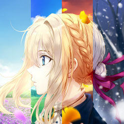 Rule 34 | 1girl, autumn, blonde hair, blue eyes, blue jacket, blue sky, braid, brooch, close-up, closed mouth, commentary, day, decabrc, english commentary, evening, flower, from side, grass, hair between eyes, hair intakes, hair ribbon, highres, jacket, jewelry, leaf, lips, long hair, looking away, petals, pink flower, plant, portrait, red ribbon, ribbon, seasons, sky, snow, snowflakes, solo, spring (season), summer, tree, violet evergarden, violet evergarden (series), white neckwear, wind, winter