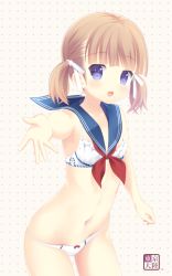 Rule 34 | 1girl, artist logo, artist name, blue sailor collar, blunt bangs, breasts, commentary request, cowboy shot, groin, hair ribbon, kurasawa kyoushou, light brown hair, looking at viewer, navel, neckerchief, open mouth, original, polka dot, polka dot background, purple eyes, reaching, reaching towards viewer, red neckerchief, ribbon, sailor collar, short hair, short twintails, small breasts, smile, solo, standing, twintails, underwear, underwear only, white ribbon, yellow background