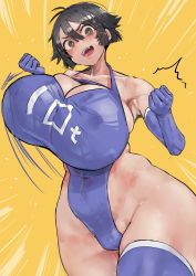 Rule 34 | 10-ton, 1girl, 38myyyy, absurdres, ahoge, bare shoulders, black hair, blue thighhighs, blush, boku no hero academia, bouncing breasts, breasts, cameltoe, cleavage, cowboy shot, elbow gloves, fang, female focus, gloves, hair between eyes, highleg, highleg leotard, highres, huge breasts, leotard, looking at viewer, shiny clothes, shiny skin, short hair, simple background, skin tight, solo, standing, taut leotard, thick thighs, thighhighs, thighs, upper body, w arms, wide hips, yellow background