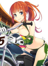 Rule 34 | 1girl, bent over, blue eyes, breast press, breasts, building, helmet, hisho collection, house, large breasts, long hair, looking at viewer, midriff, mmu, motor vehicle, motorcycle, motorcycle helmet, official art, orange hair, pillar, ponytail, railing, simple background, smile, solo, vehicle, white background