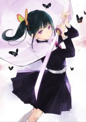 Rule 34 | 1girl, ama mitsuki, belt, black butterfly, black dress, black hair, blunt bangs, blush, bug, butterfly, butterfly hair ornament, cape, closed mouth, commentary request, dress, hair ornament, holding, holding sword, holding weapon, insect, katana, kimetsu no yaiba, long hair, long sleeves, looking at viewer, purple eyes, side ponytail, simple background, solo, standing, sword, tsuyuri kanao, weapon, white belt, white cape