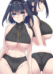 Rule 34 | 1girl, absurdres, ass, bare shoulders, black hair, blue eyes, blue hair, blush, breasts, chain, chain headband, closed mouth, crop top, earrings, hair between eyes, hair intakes, hairband, head chain, highres, hololive, hololive english, jewelry, kiritto, large breasts, long hair, looking at viewer, multiple views, navel, ouro kronii, short hair, sitting, smile, striped, underboob, underwear, vertical stripes, virtual youtuber, white background