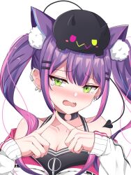 Rule 34 | 1girl, absurdres, animal ears, bibi (tokoyami towa), black choker, black tank top, blush, breasts, cat ears, choker, cleavage, collar, collarbone, cropped jacket, crying, crying with eyes open, demon girl, demon tail, double side ponytail, earrings, fang, finger touching, green eyes, hair ornament, hairclip, hashira 14, highres, hololive, jacket, jewelry, medium breasts, multicolored hair, multicolored nails, o-ring, o-ring choker, off shoulder, purple hair, shoulder blush, streaked hair, striped clothes, tail, tank top, tears, tokoyami towa, tokoyami towa (1st costume), virtual youtuber, white jacket
